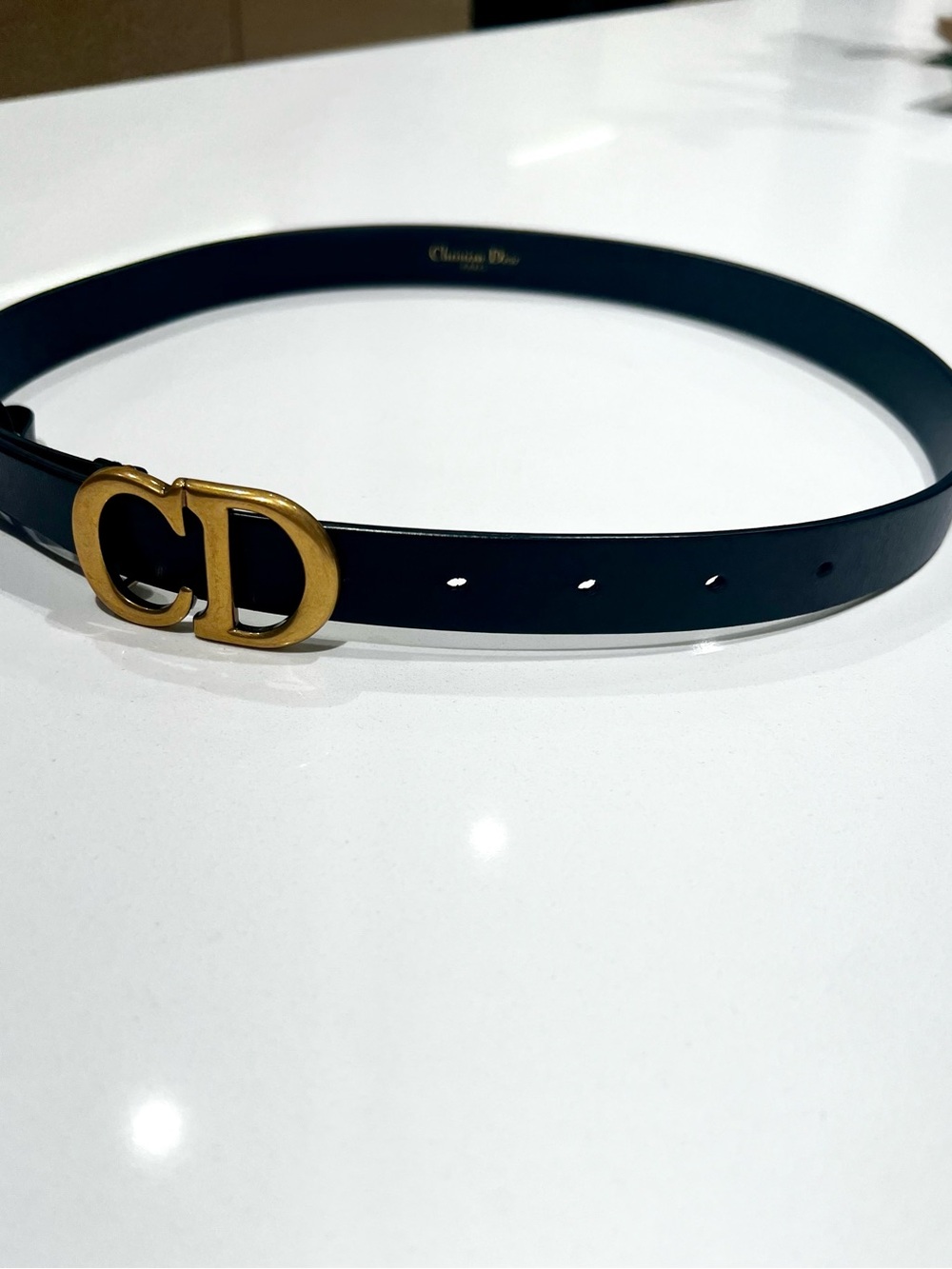 Christian Dior Black Leather Belt with Gold CD Buckle